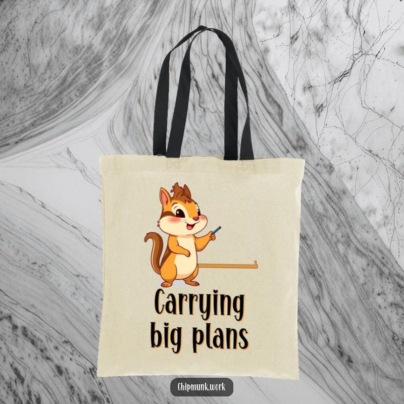 Funny chipmunk tote bag, character enthusiastically pointing at a whiteboard, ideal for carrying notes and inspiration humorously.