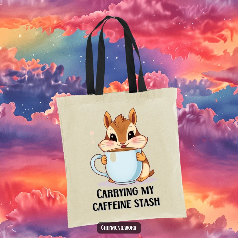Funny chipmunk tote bag, a cute critter wide-eyed with a coffee mug, ideal funny gift.
