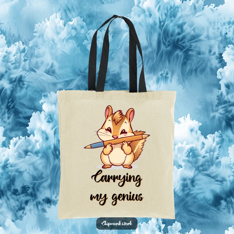 Funny Tote Bag: A chipmunk balancing a pen on its nose with a playful wink, showcasing cleverness and charm.