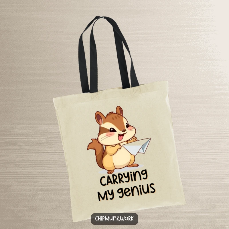 Funny chipmunk tote bag with an enthusiastic chipmunk proudly presenting a crumpled paper airplane, great for shoppers.