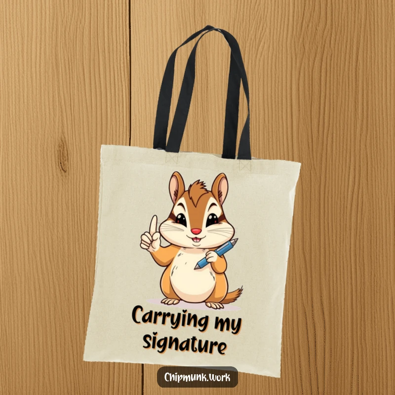 Funny peace sign chipmunk tote bag showing a chipmunk holding a pen jauntily, ideal funny gift.