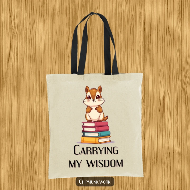Funny Book Lover Chipmunk Tote Bag: Charming tote showcasing a scholarly chipmunk standing on a stack of miniature books, ideal for carrying books.