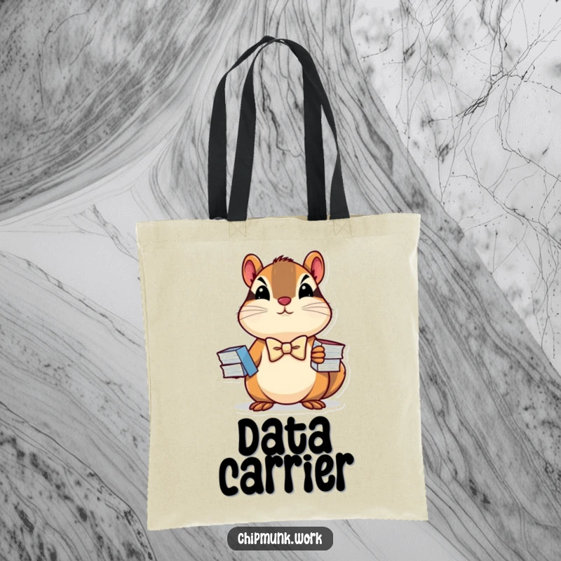 Funny tote bag with a determined chipmunk in a bowtie proudly holding a stack of charts, ideal for business or everyday use.