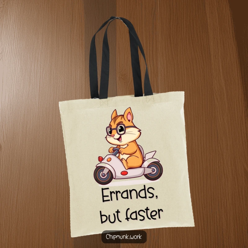 Funny chipmunk pretending to race in an office chair, featured on a practical and funny tote bag.