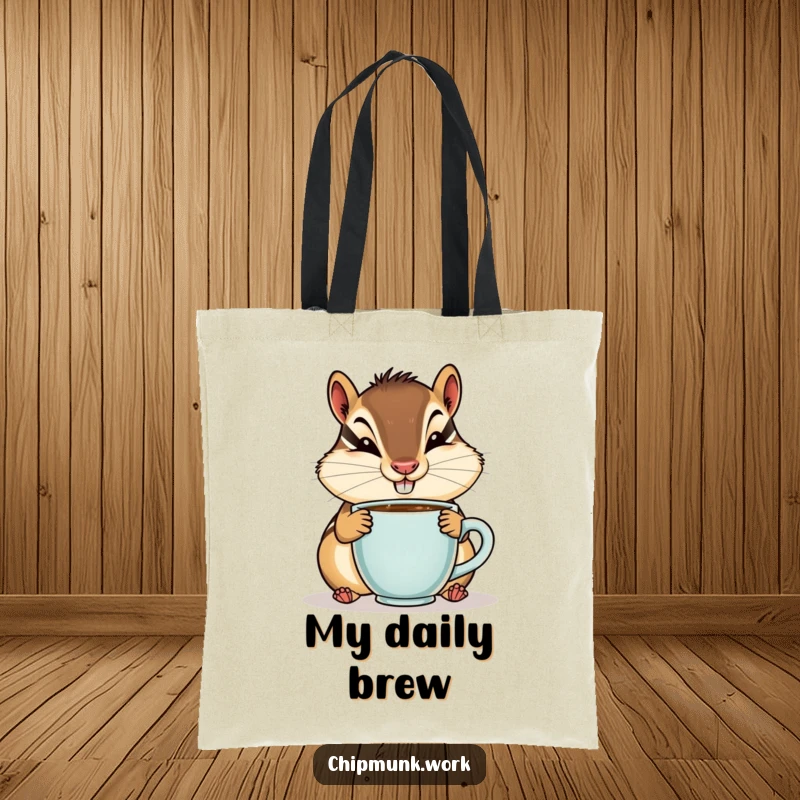 Funny tote bag featuring a chipmunk with a goofy smile sipping from a tiny coffee cup, a charming accessory.