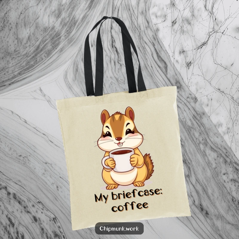 Funny chipmunk holding a tiny coffee mug with both paws, printed on a durable and cute tote bag.