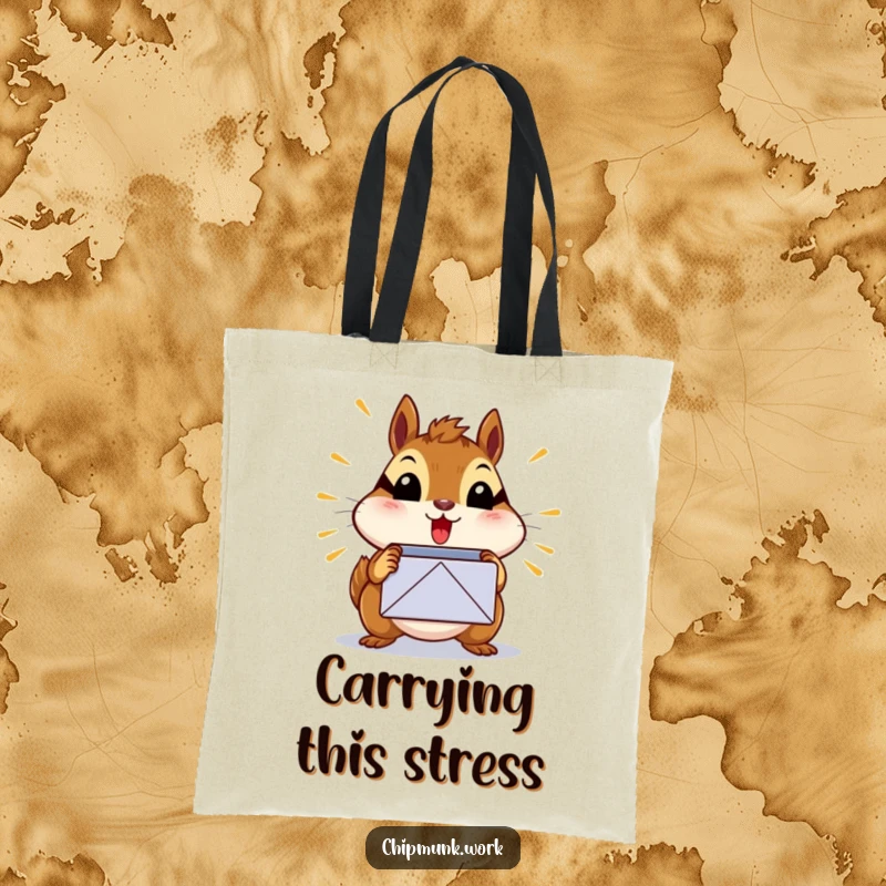 Funny surprised chipmunk tote bag showing a chipmunk shocked by a bursting inbox icon, ideal funny gift.