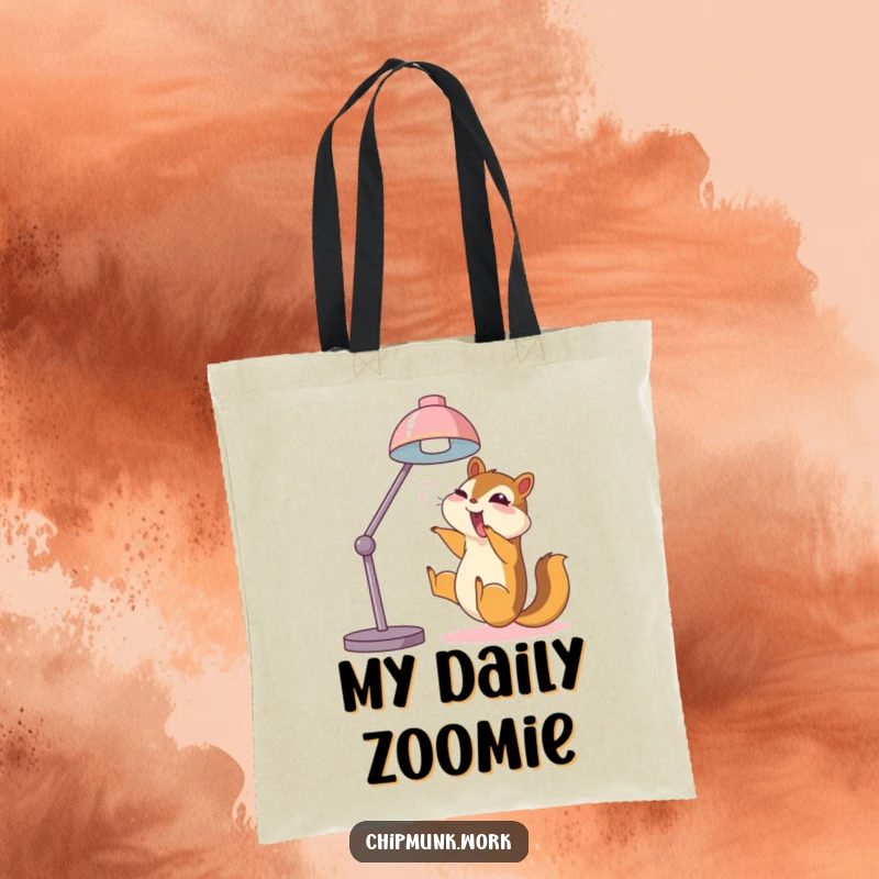 Funny chipmunk tote bag, joyfully sliding down a desk lamp, a comical scene of pure delight.