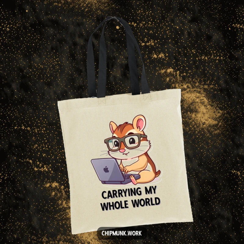 Funny chipmunk with glasses typing on a tiny laptop, featured on a tote bag, perfect for carrying tech essentials.