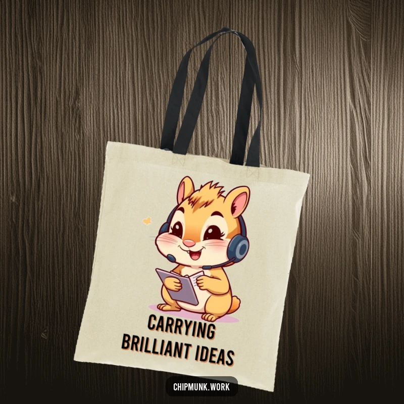 Funny chipmunk tote bag, character with a headset, excitedly taking notes, ideal for carrying work or school essentials humorously.