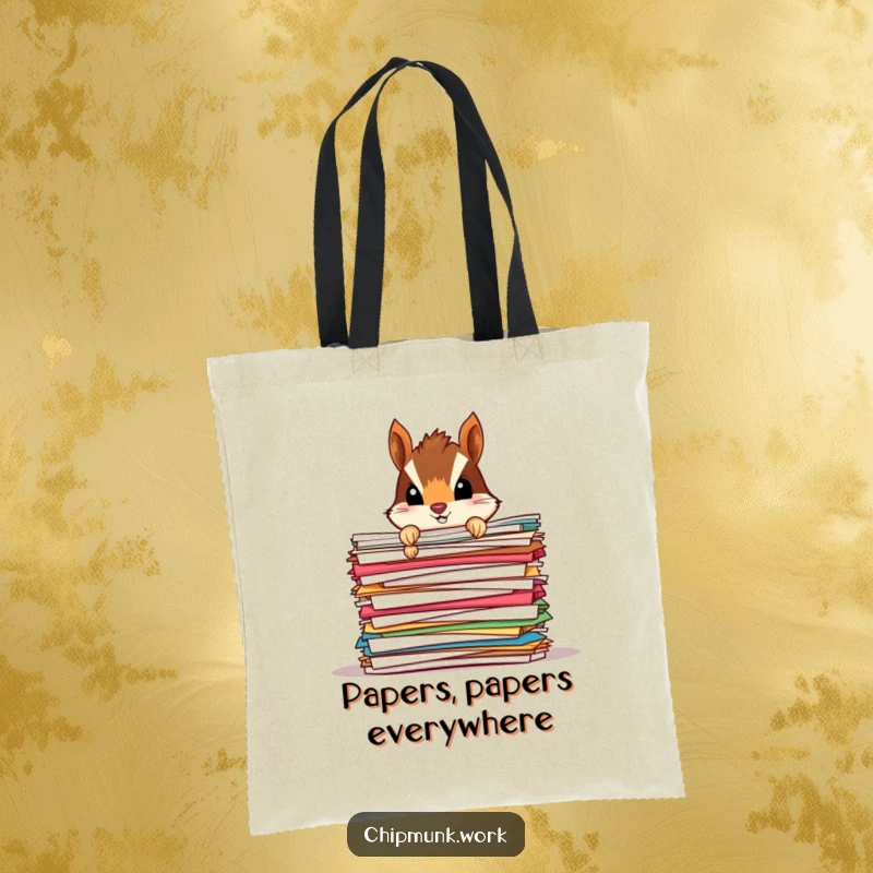 Funny Chipmunk Paper Mound Tote Bag: A humorous tote bag with a tiny chipmunk peeking from behind a large stack of colorful papers.