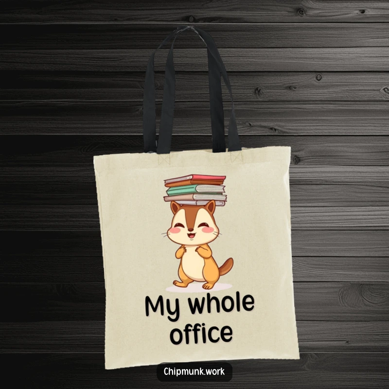 Funny chipmunk waddling with a stack of papers on its head, printed on a tote bag for a humorous daily accessory.