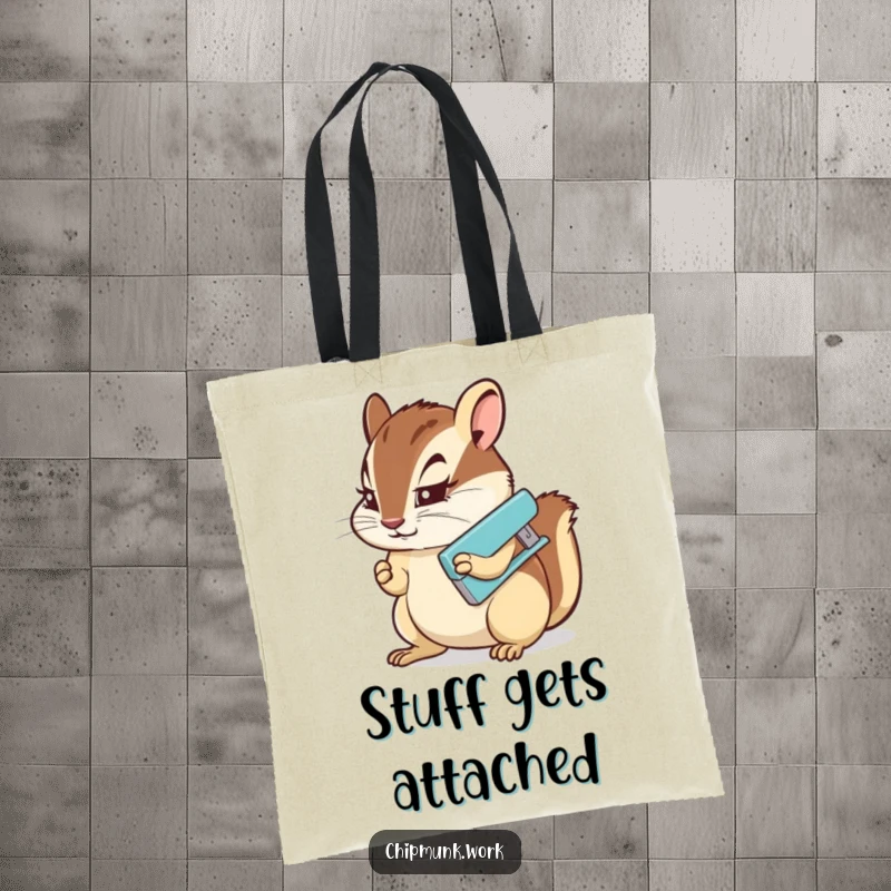 Funny Tote Bag: A chipmunk with intense focus using a tiny stapler, ready to organize and conquer any task.