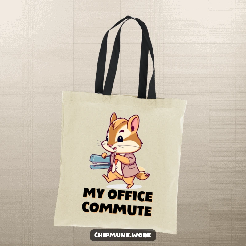 Funny chipmunk in a suit zooming past a stapler, depicted on a tote bag for humorous and professional utility.