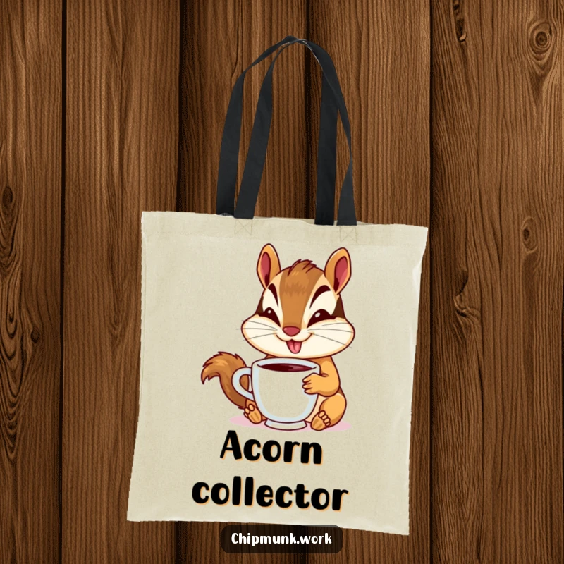 Funny chipmunk tote bag with a goofy smiling chipmunk holding a tiny coffee cup, ideal for stylish, humorous carrying.
