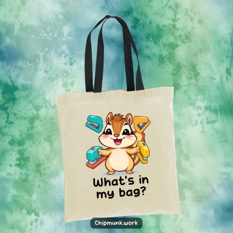 Funny chipmunk tote bag, a happy critter juggling colorful office staplers, great for errands.