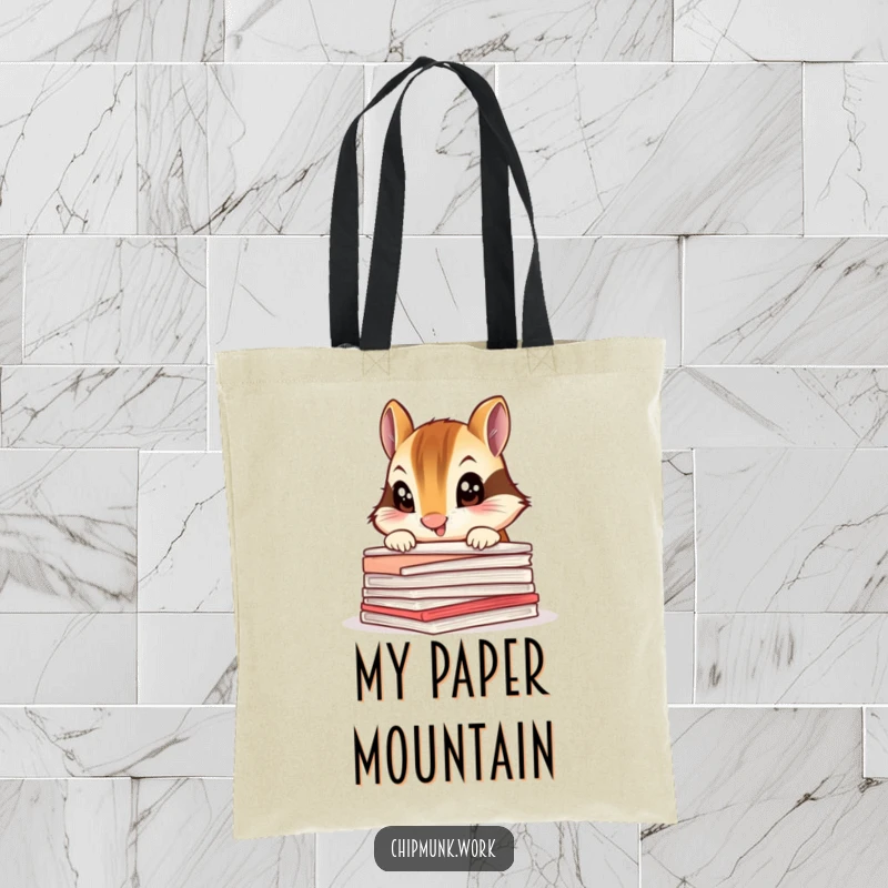 Funny chipmunk tote bag, a curious critter peeking over a stack of papers, great for essentials.