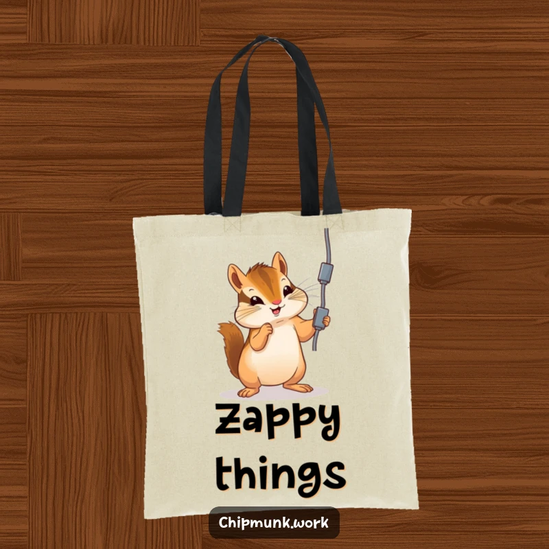 Funny chipmunk tote bag showing a chipmunk playfully batting at a dangling electrical cord, a humorous accessory.