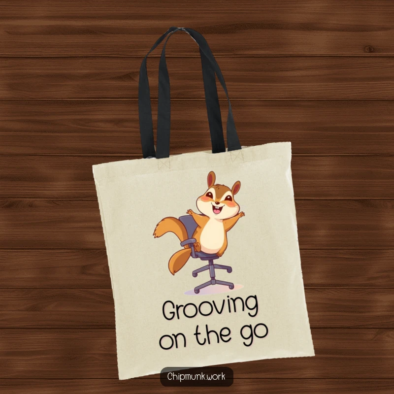 Funny chipmunk tote bag, happily bouncing on an office chair with a wide smile, perfect for carrying work essentials with joy.