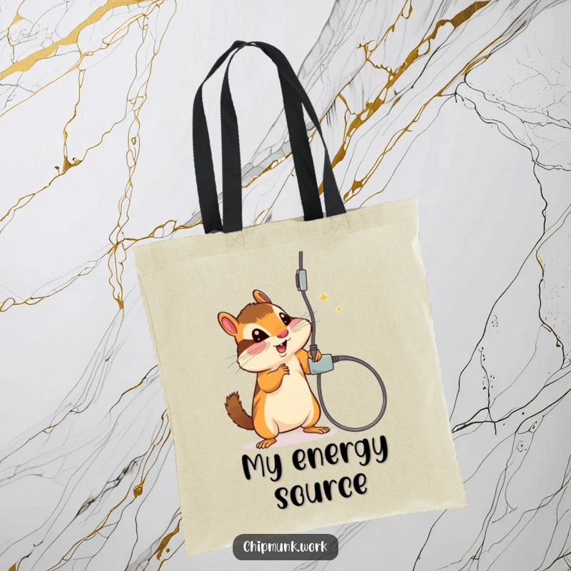 Funny tote bag printed with a chipmunk playfully batting at a dangling electrical cord, a humorous accessory.