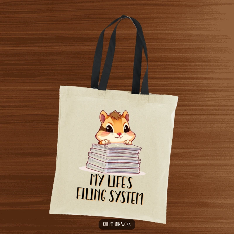 Funny chipmunk tote bag, peeking over a stack of paperwork with a curious tilt, a humorous carryall for essentials.