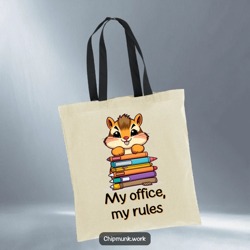 Funny chipmunk tote bag with a determined creature stacking colorful, wobbly office supplies, great for errands.