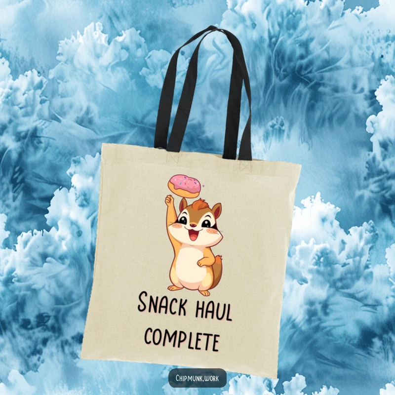 Funny chipmunk tote bag featuring a cheerful squirrel triumphantly holding a miniature donut in the air.